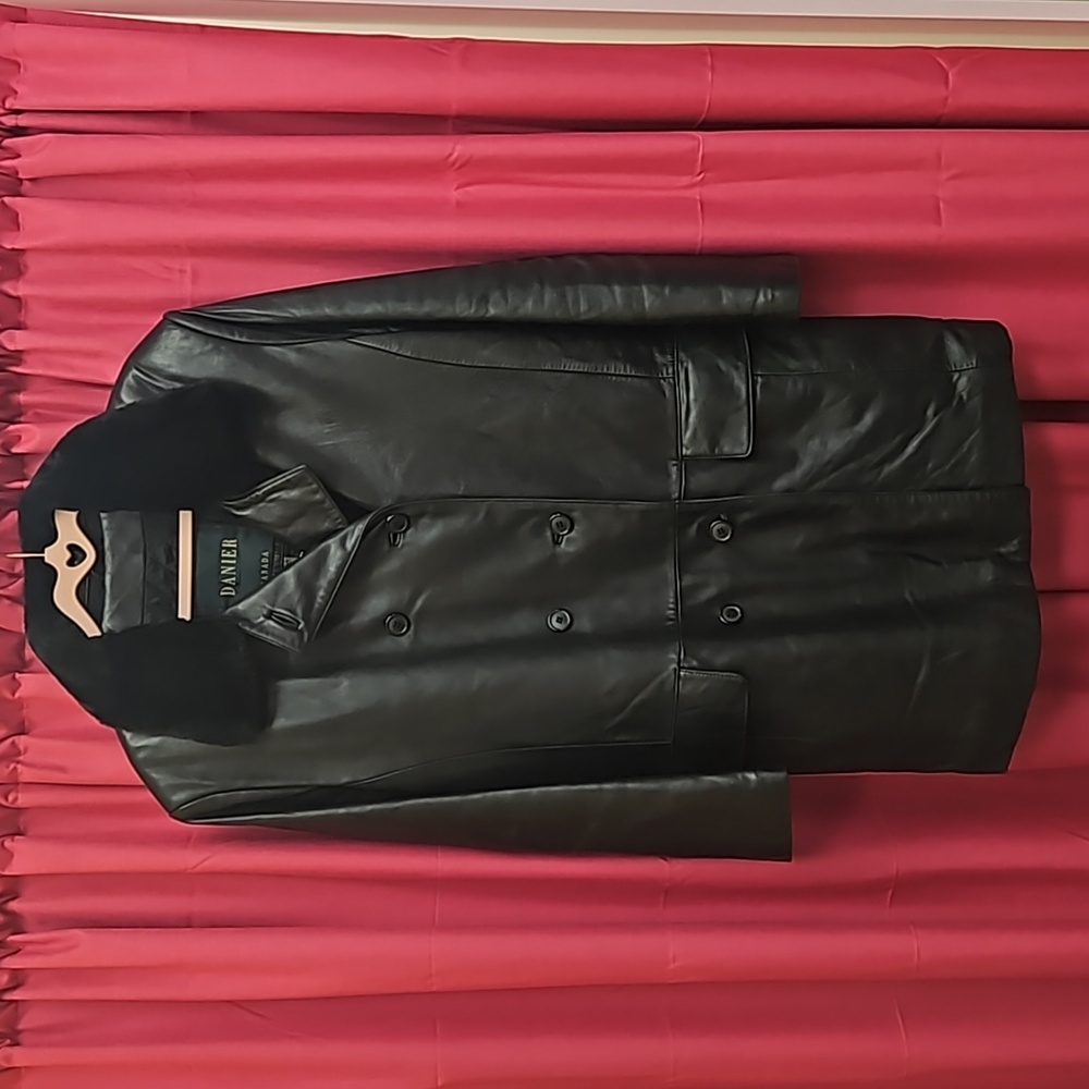 Danier Long Line Leather Jacket with Faux Fur Collar